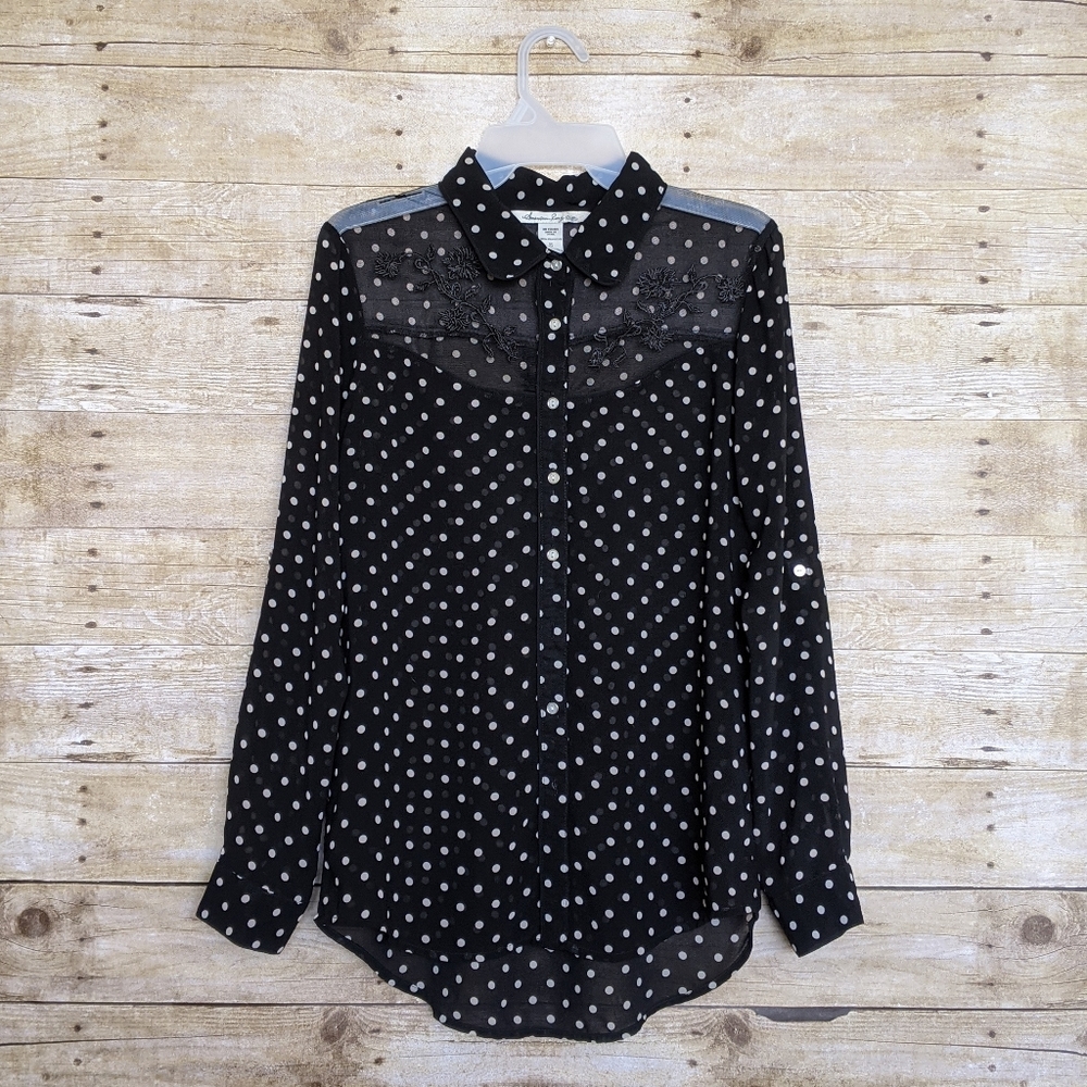 American Rag Cie Long Sleeve Polka Dot Blouse